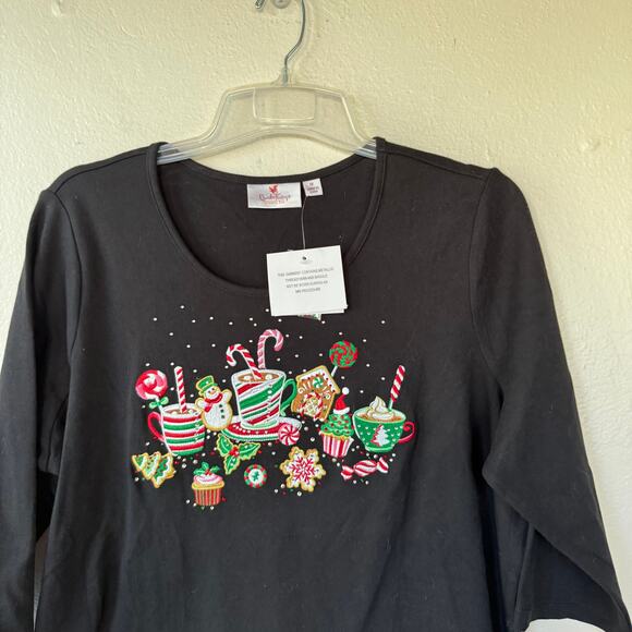 NEW! Quacker Factory Black Christmas Gingerbread & Candy Cane T-Shirt size 1X - Picture 3 of 10